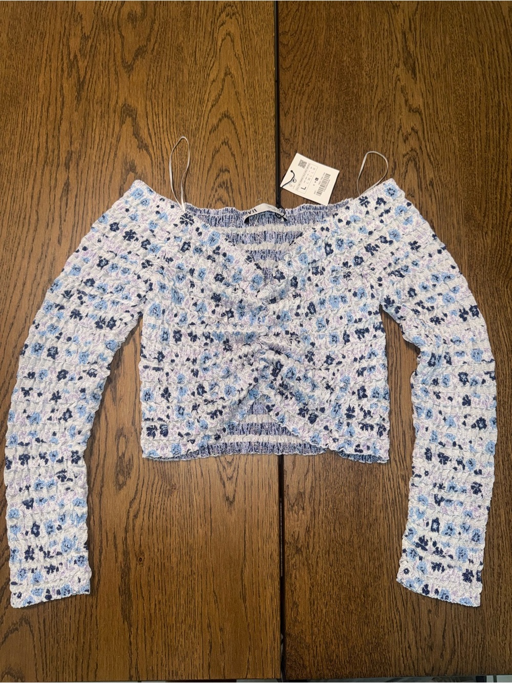 Zara Blue Floral Smocked Off-Shoulder Long Sleeve Crop Top